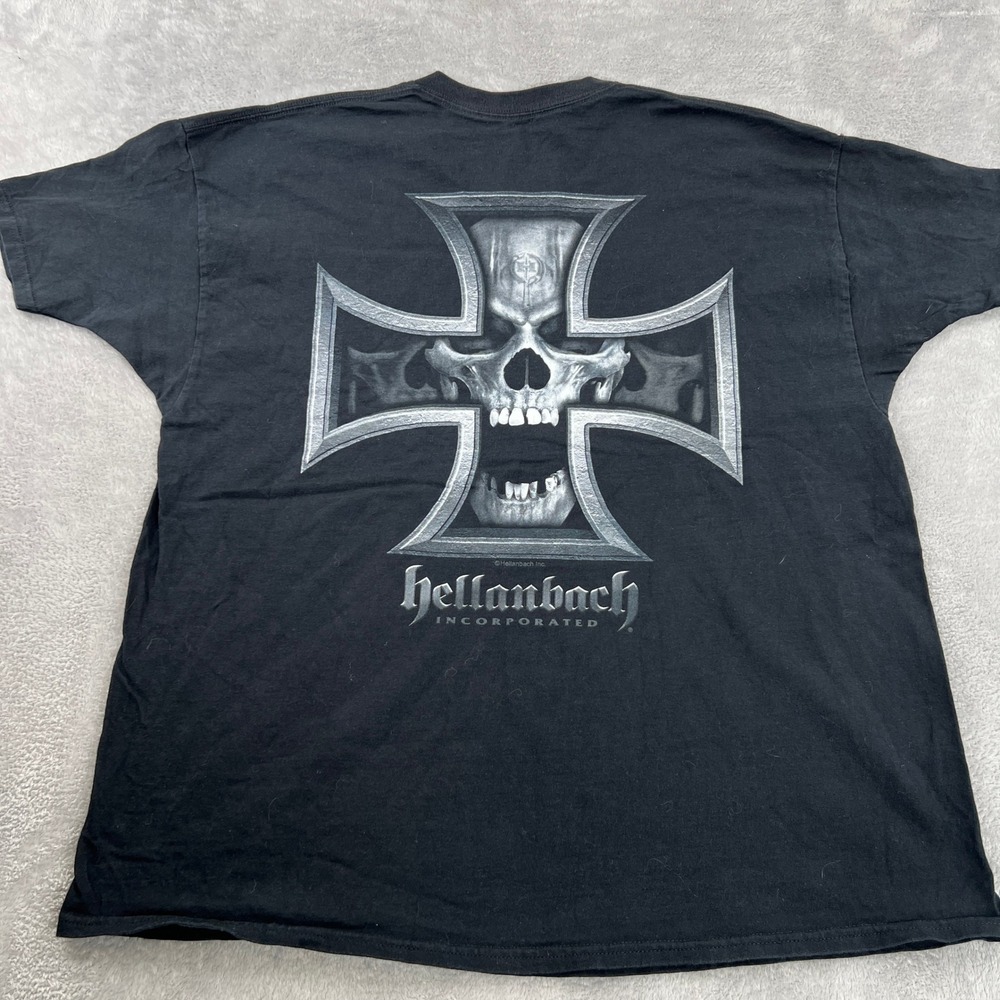 Hellanbach Iron Cross Skull T-Shirt 2XL Black Y2K Biker Motorcycle Double Sided